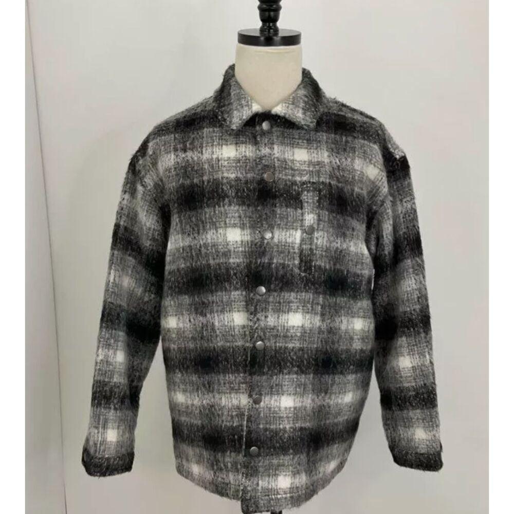 Topman Gray Plaid Fuzzy Snap-Up Jacket